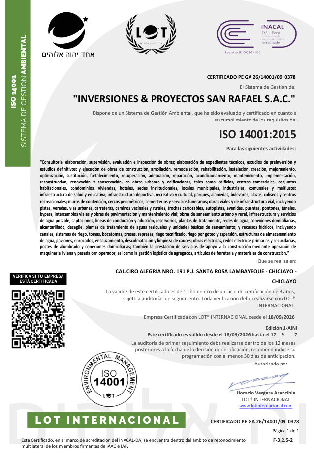 Certificado ISO 14001:2015 de Inversiones & Proyectos San Rafael S.A.C.