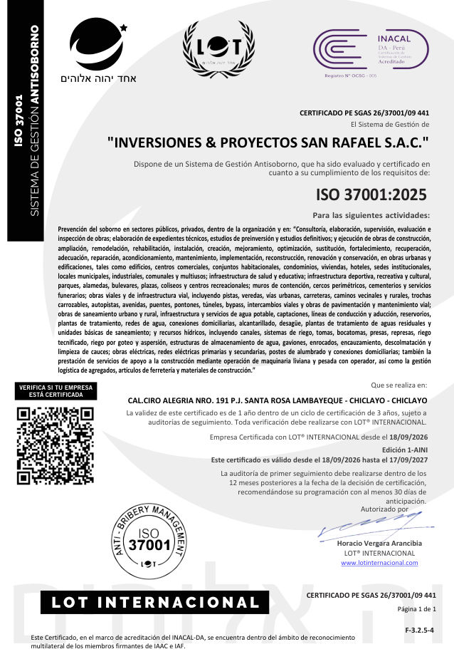 Certificado ISO 37001:2025 de Inversiones & Proyectos San Rafael S.A.C.