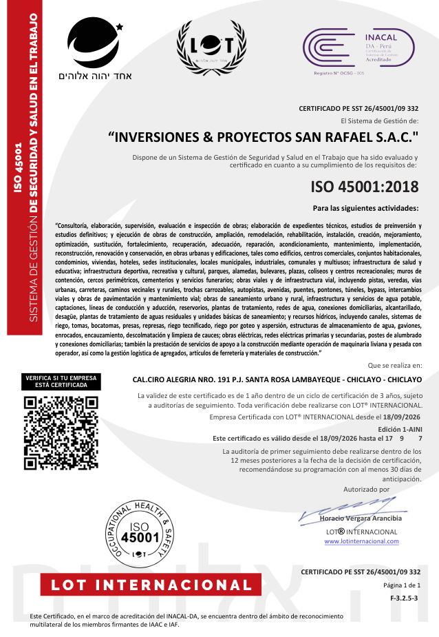 Certificado ISO 45001:2018 de Inversiones & Proyectos San Rafael S.A.C.