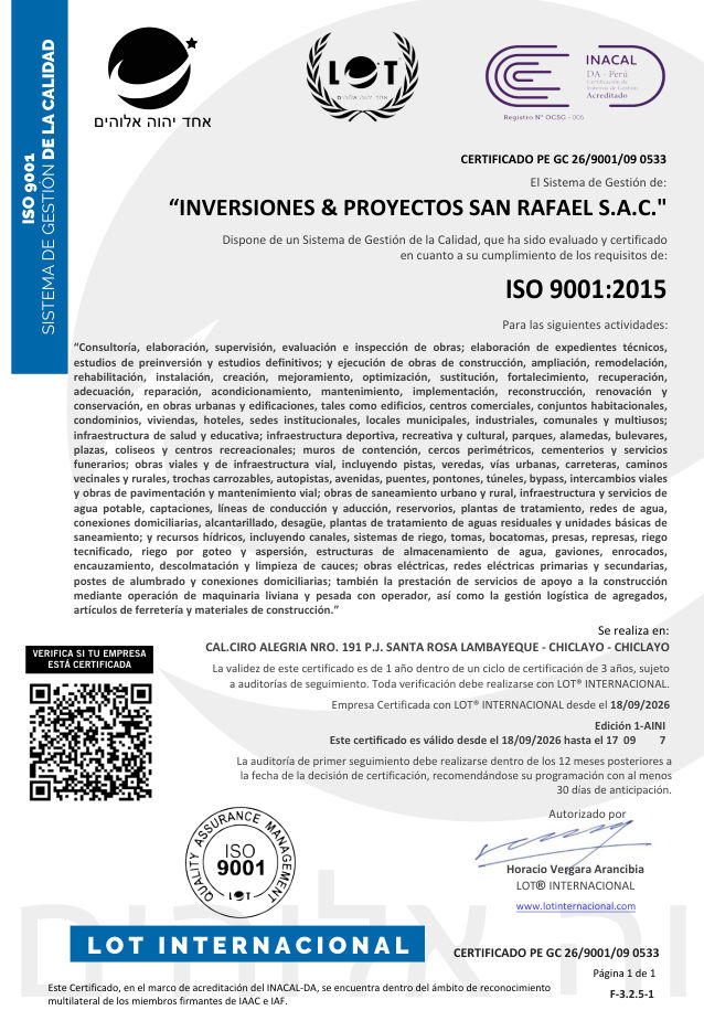 Certificado ISO 9001:2015 de Inversiones & Proyectos San Rafael S.A.C.